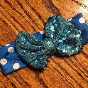 Blue Glitter Big Bow on Blue & White Polka Dot Headband